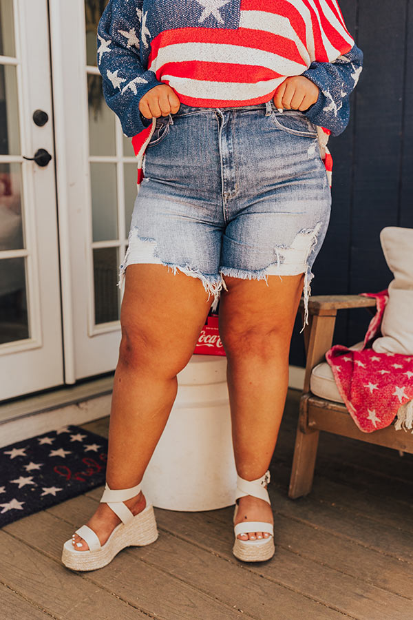 Risen Mel High Waist Distressed Shorts In Medium Wash Curves Image - 1