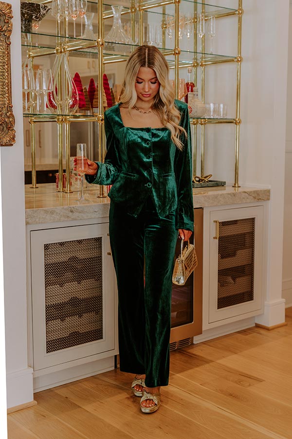 Chic Influencer High Waist Straight Leg Velvet Pants In Hunter Green Image - 1