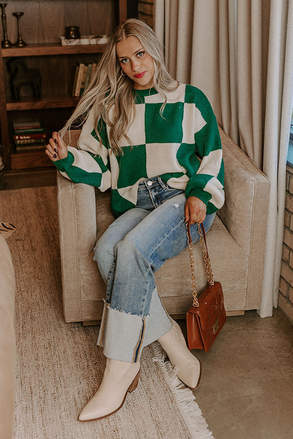 Hear The Beat Checkered Sweater In Hunter Green Image - 1