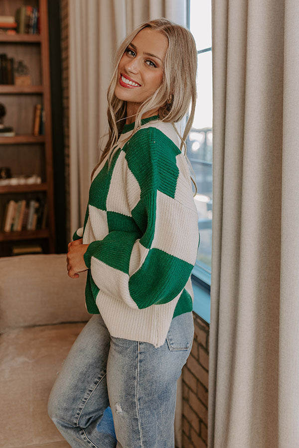 Hear The Beat Checkered Sweater In Hunter Green Image - 3