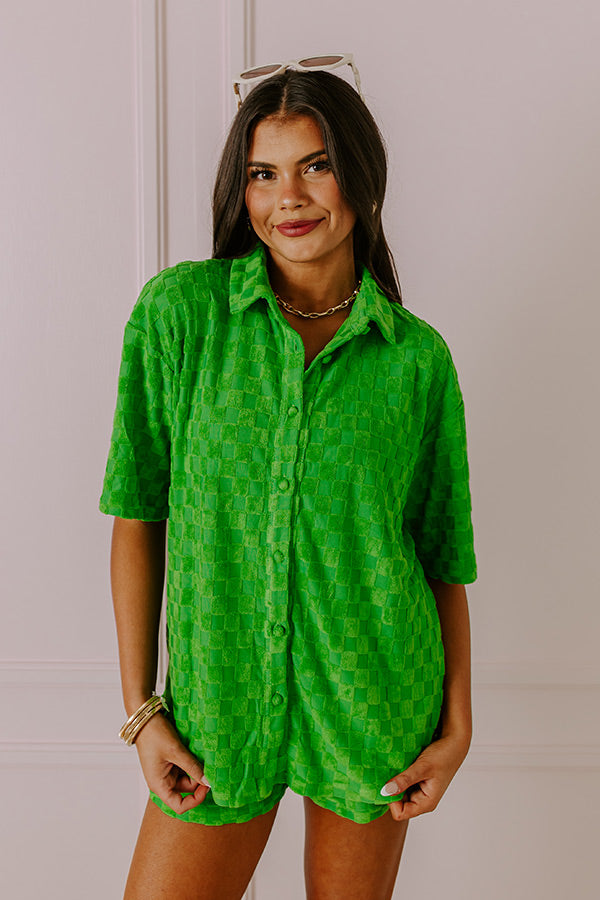 Pulling It Together Terry Cloth Button Up In Kelly Green Image - 1