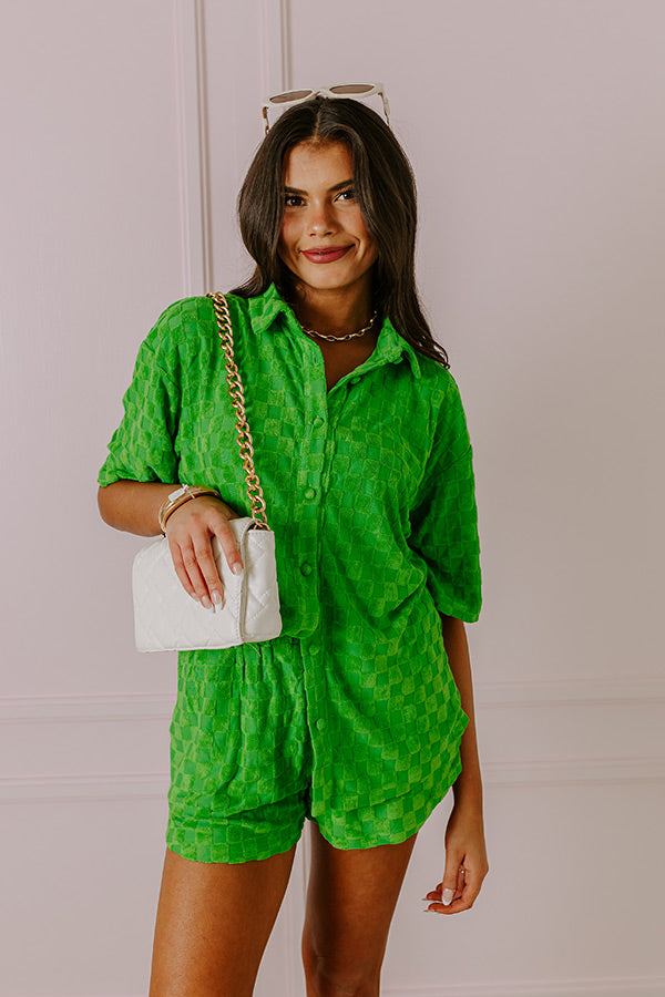 Pulling It Together Terry Cloth Button Up In Kelly Green Image - 2