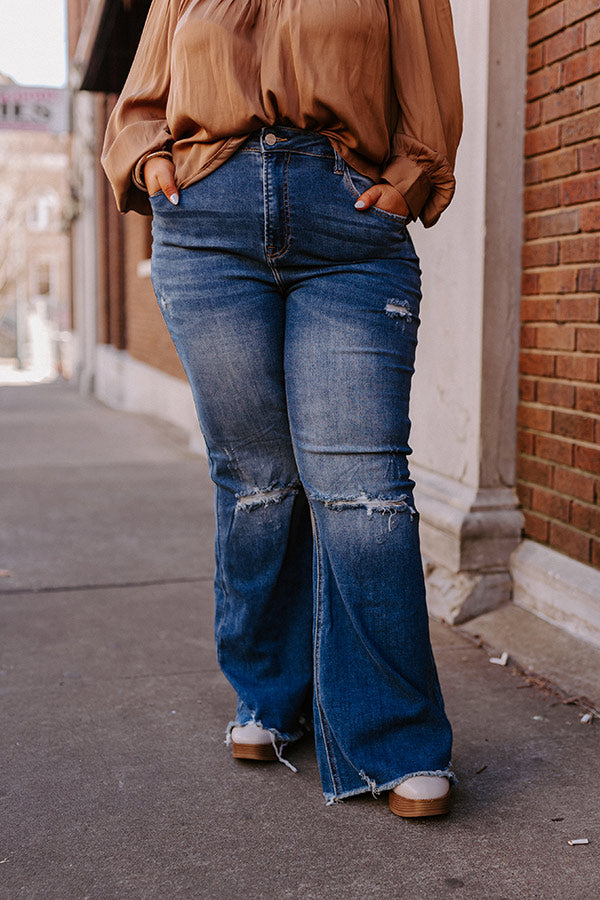 Risen The Laura High Waist Distressed Flare In Dark Wash Curves Image - 2