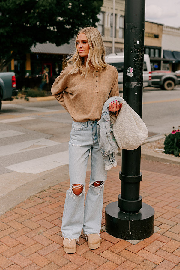 Breezy Times Oversized Henley Top In Taupe