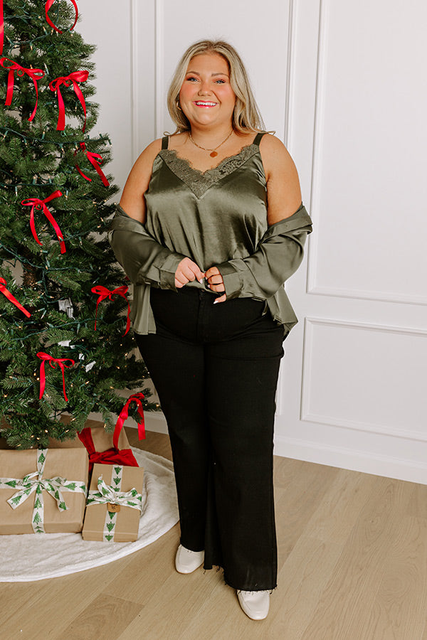 Lost In A Novel Satin Tank In Army Green Curves Image - 1
