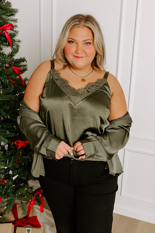 Lost In A Novel Satin Tank In Army Green Curves Image - 2