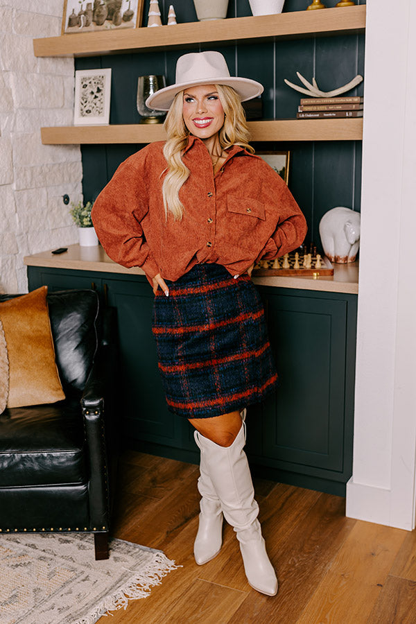 On My Mind Corduroy Button Up In Rust Curves Image - 2