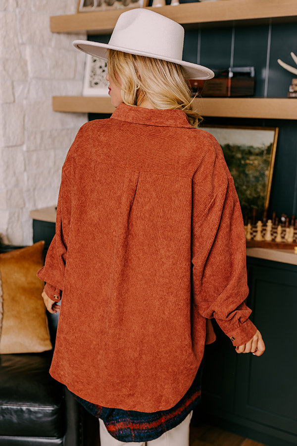 On My Mind Corduroy Button Up In Rust Curves Image - 3