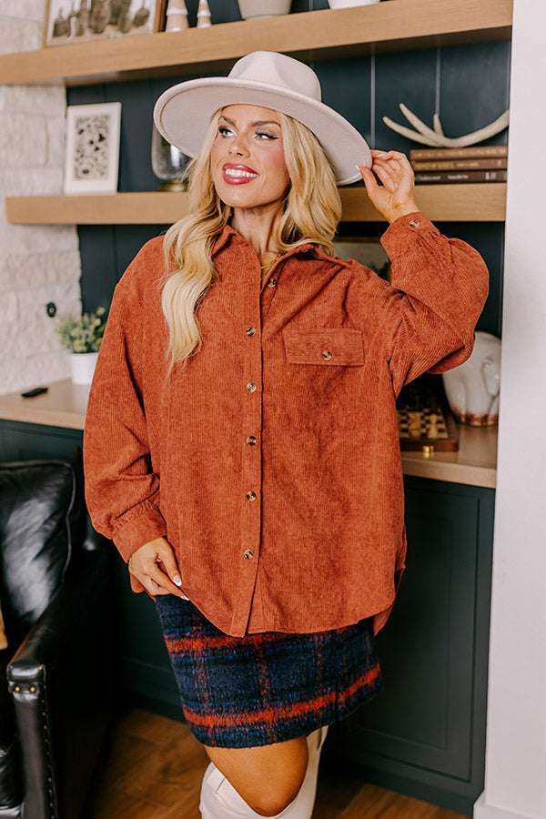 On My Mind Corduroy Button Up In Rust Curves Image - 1