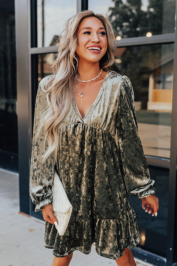Social And Chic Velvet Babydoll Dress In Army Green