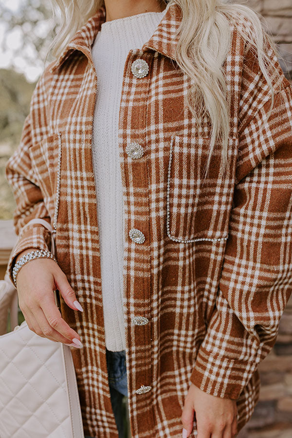 Start The Bonfire Embellished Plaid Jacket in Chocolate Image - 3
