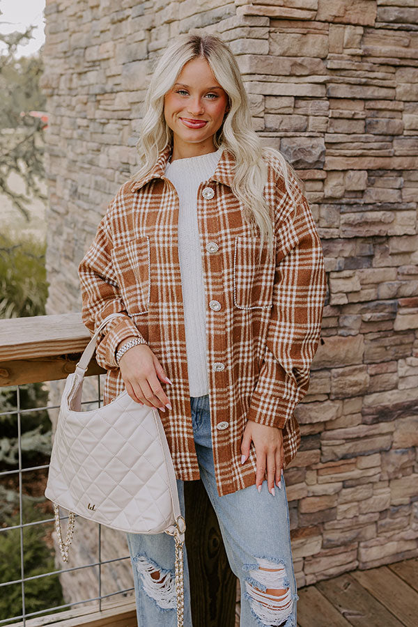 Start The Bonfire Embellished Plaid Jacket in Chocolate Image - 1