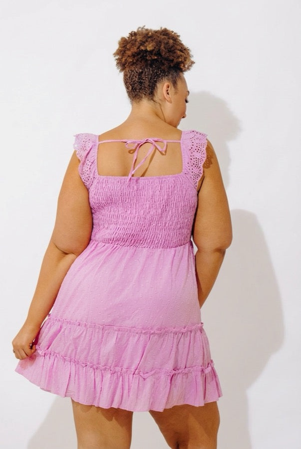 Sweetly Styled Smocked Tiered Mini Dress In Dusty Purple Curves Image - 3