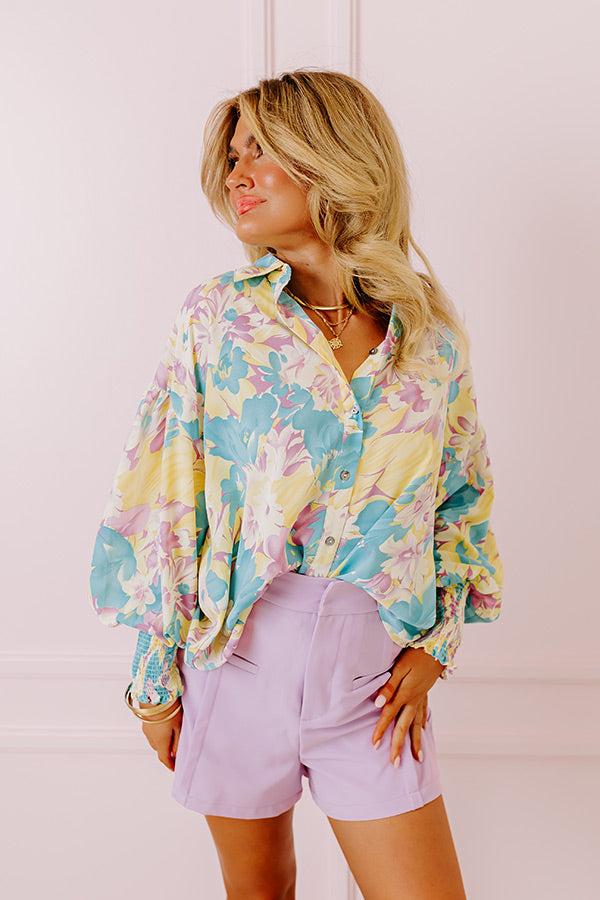 Private Jet Perfection Floral Button Up Top in Blue Image - 2