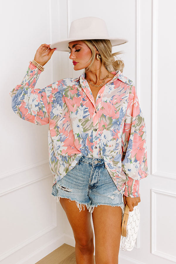 Private Jet Perfection Floral Button Up Top in Pink