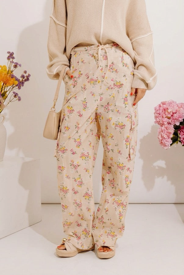 Free Spirit High Waist Floral Cargo Pants in Light Beige Image - 1