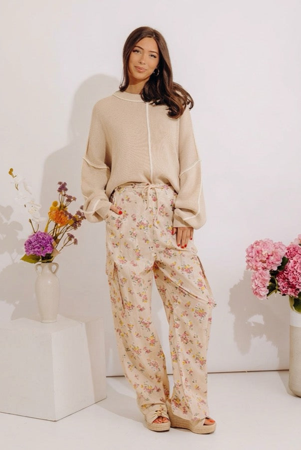 Free Spirit High Waist Floral Cargo Pants in Light Beige Image - 4