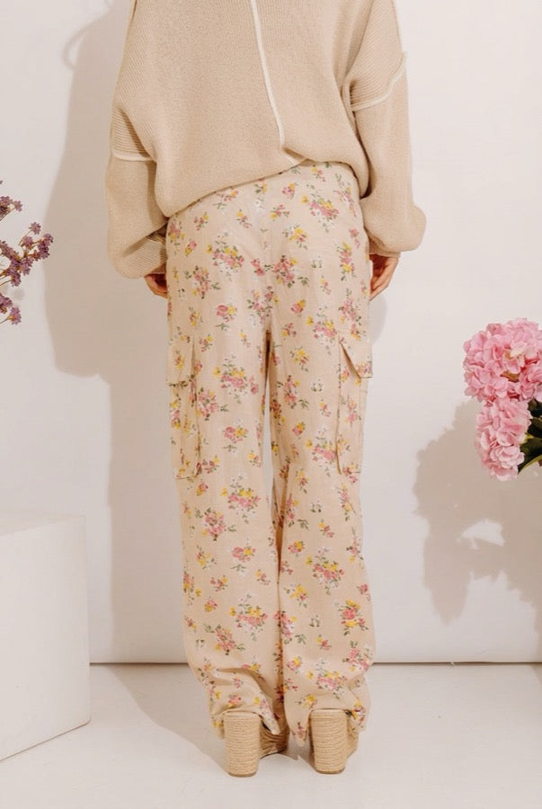 Free Spirit High Waist Floral Cargo Pants in Light Beige Image - 3