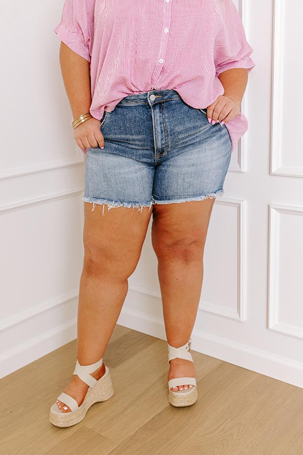 Risen Lela High Waist Shorts in Medium Wash Curves