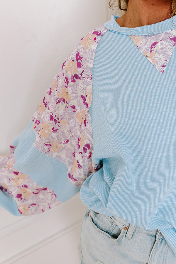 Floral Hint Ribbed Top in Sky Blue Image - 2