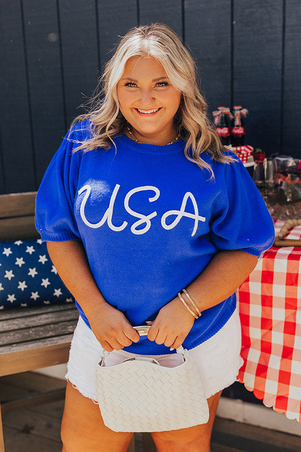 USA Knit Sweater Top in Royal Blue Curves Image - 3