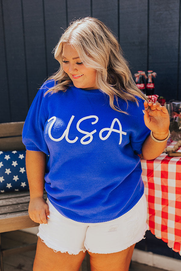 USA Knit Sweater Top in Royal Blue Curves Image - 5