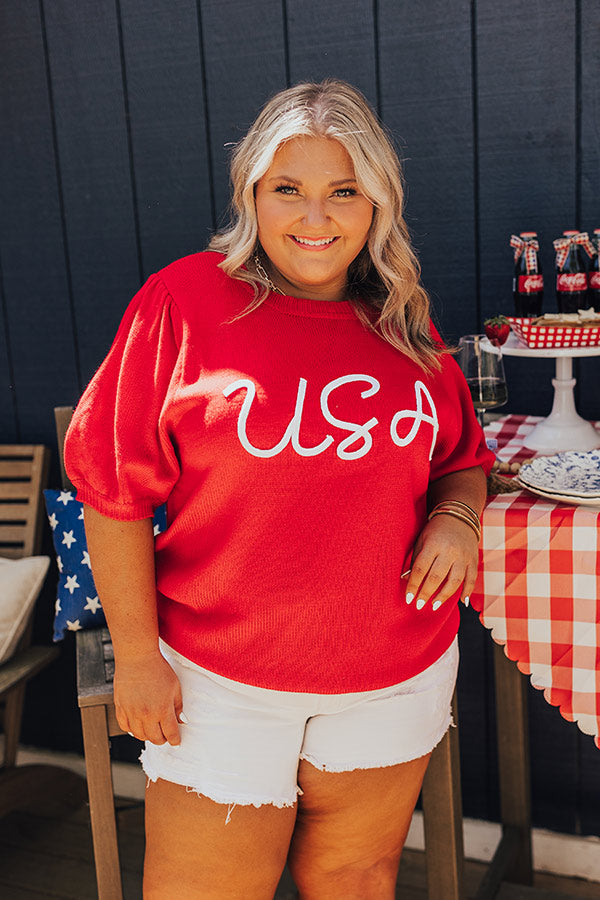 USA Knit Sweater Top in Red Curves Image - 2