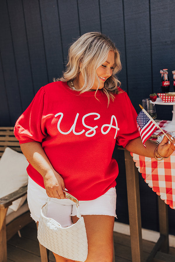 USA Knit Sweater Top in Red Curves Image - 1
