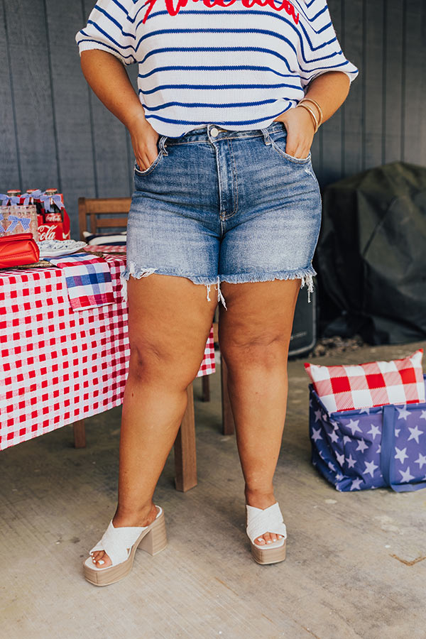 Risen Maeve High Waist Frayed Shorts in Medium Wash Curves Image - 1