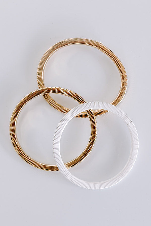 Girl On The Go Stretch Bangle Bracelet Set in White
