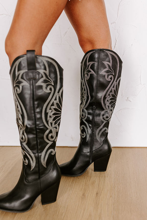 The Astrid Faux Leather Knee High Cowboy Boot in Black Image - 3