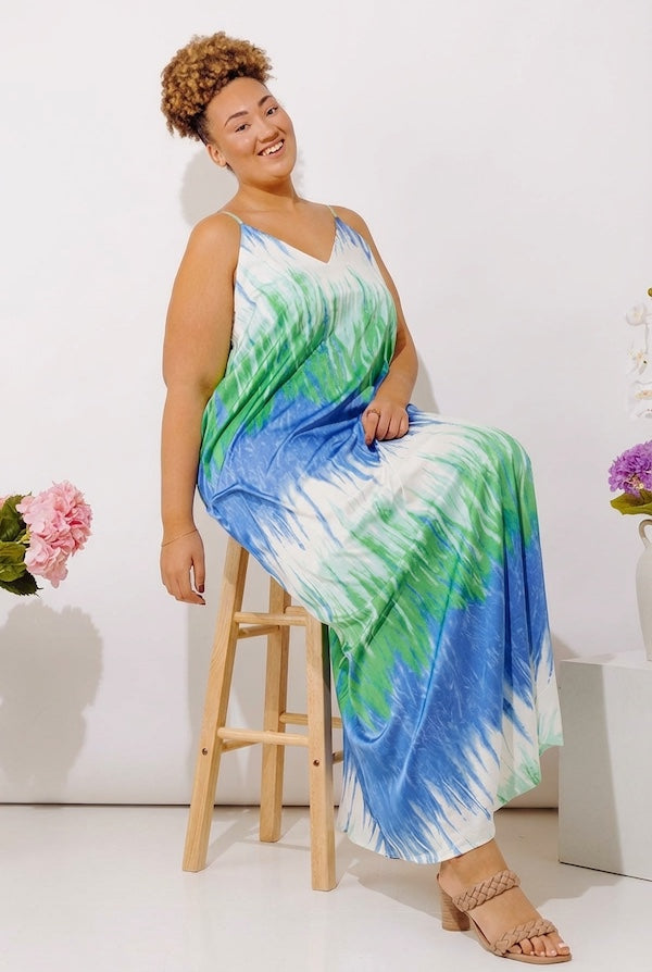 Vacay Mindset Satin Maxi Dress in Ocean Blue Curves Image - 1