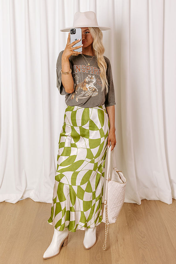 Versailles Vogue High Waist Satin Midi Skirt in Olive Image - 2