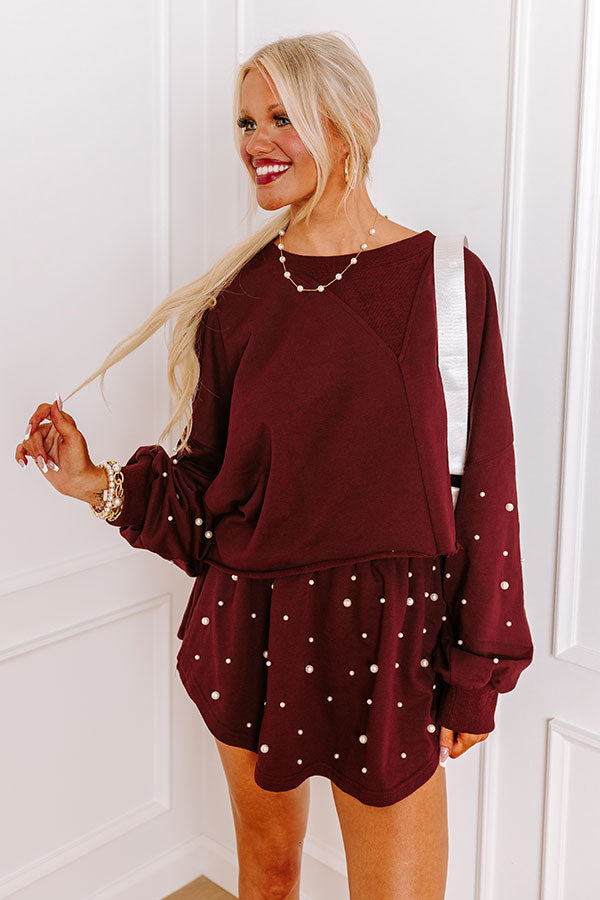 Sideline Chic Pearl Embellished Crop Sweatshirt in Maroon Image - 1