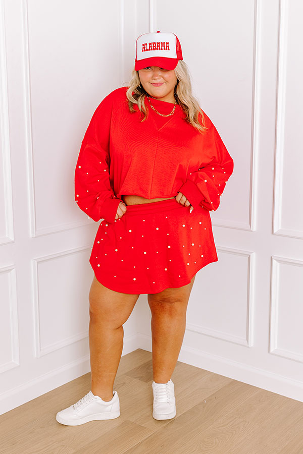 Sideline Chic High Waist Pearl Embellished Skort in Red Curves Image - 1
