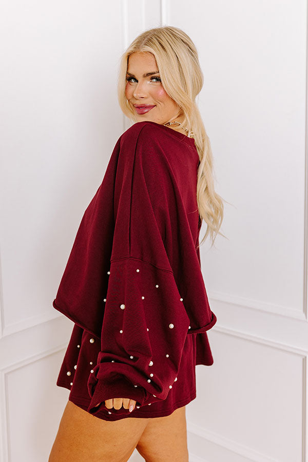 Sideline Chic Pearl Embellished Crop Sweatshirt in Maroon Curves Image - 4