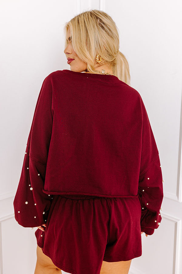 Sideline Chic Pearl Embellished Crop Sweatshirt in Maroon Curves Image - 5