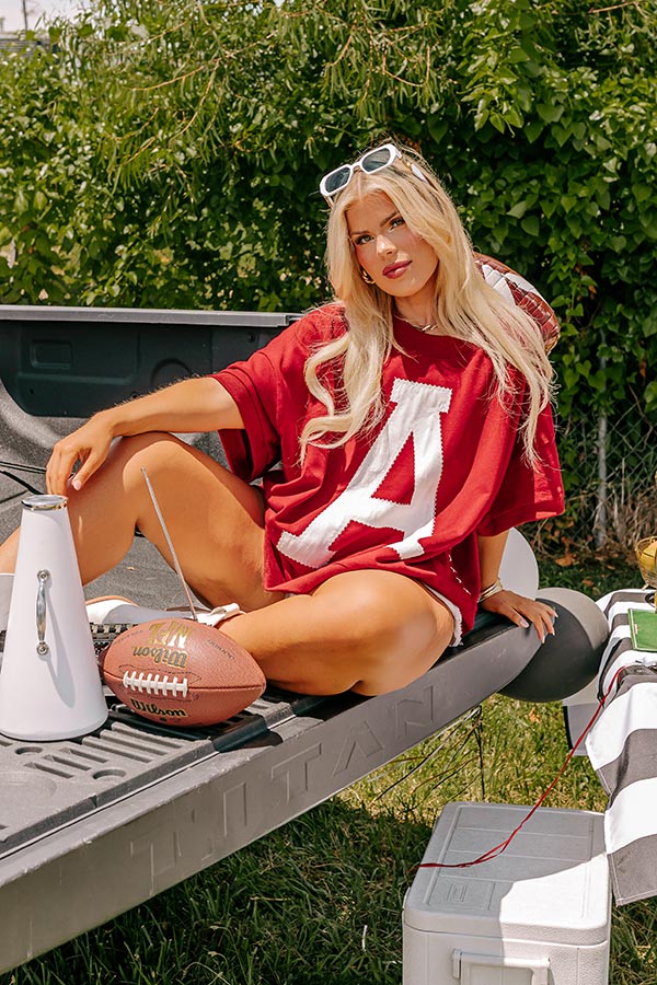 School Pride A Embroidered Short Sleeve Sweatshirt in Crimson Curves Image - 1