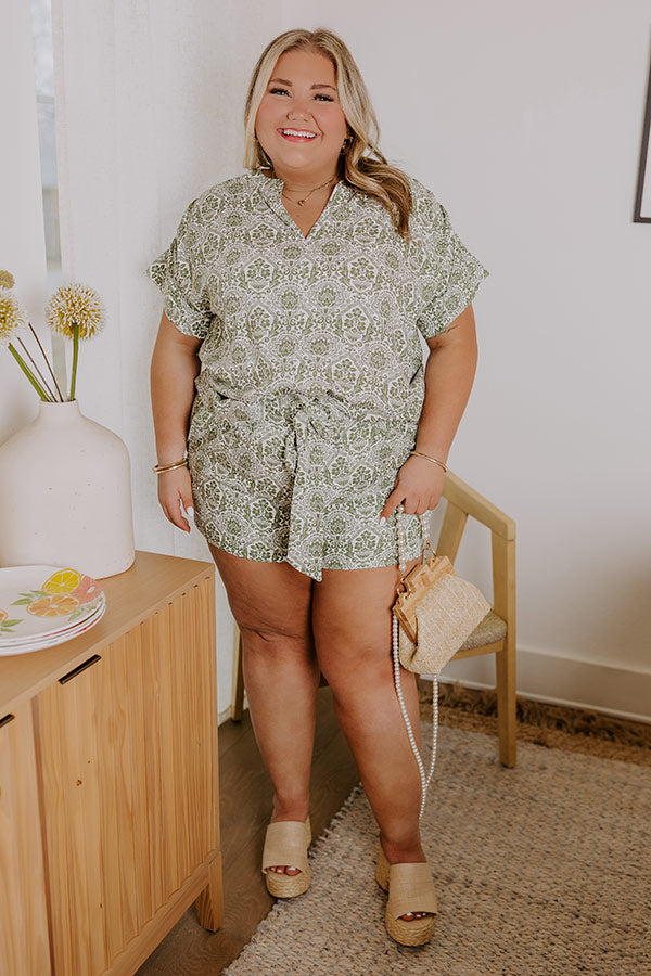 Mykonos Muse High Waist Linen-Blend Floral Shorts in Olive Curves Image - 1