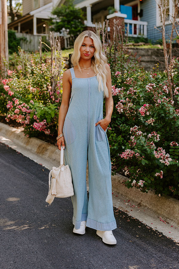 Cue The Charm Wide Leg Waffle Knit Jumpsuit in Sky Blue Image - 1