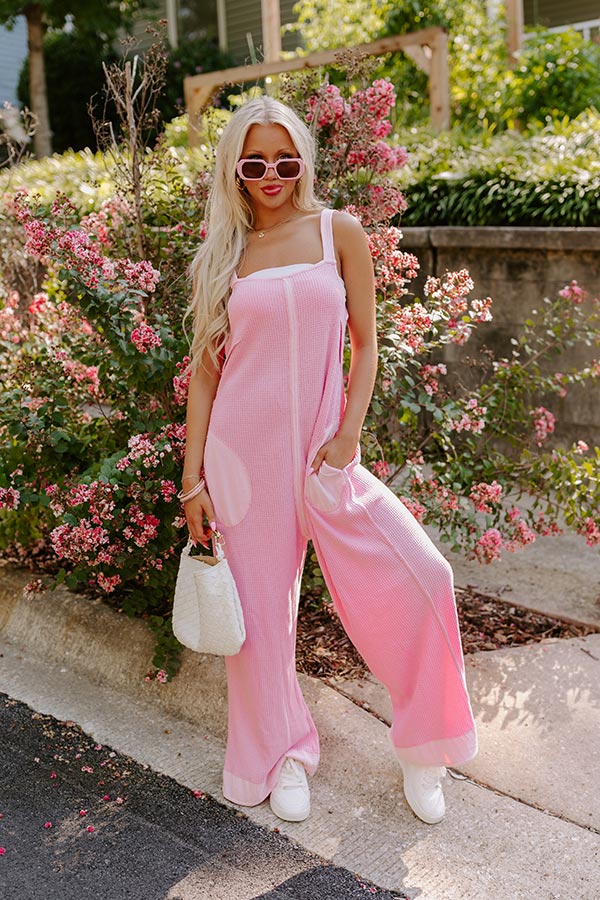 Cue The Charm Wide Leg Waffle Knit Jumpsuit in Pink Image - 2