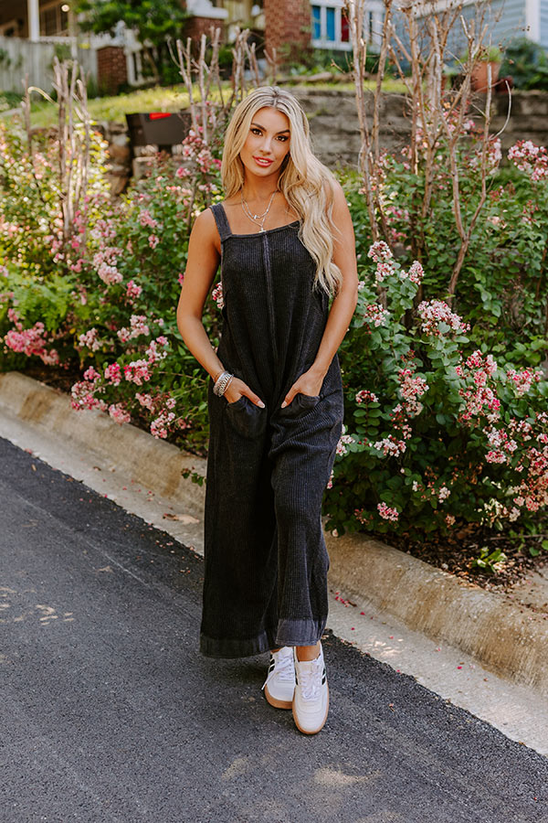 Cue The Charm Wide Leg Waffle Knit Jumpsuit in Vintage Black Image - 3