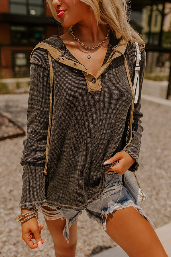 Cozy Moment Waffle Knit Hoodie in Vintage Black Image - 2