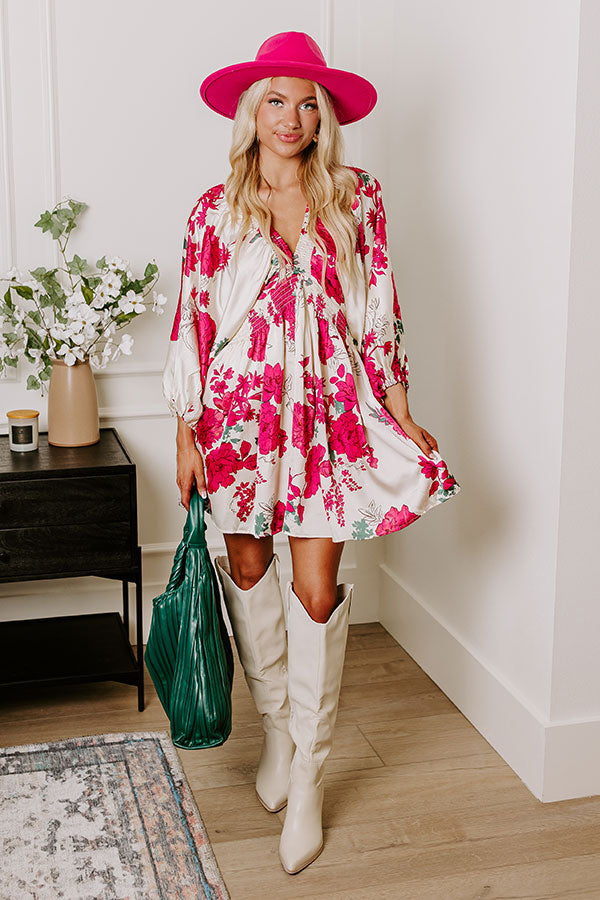 Botanical Bliss Satin Mini Dress in Cream Image - 1