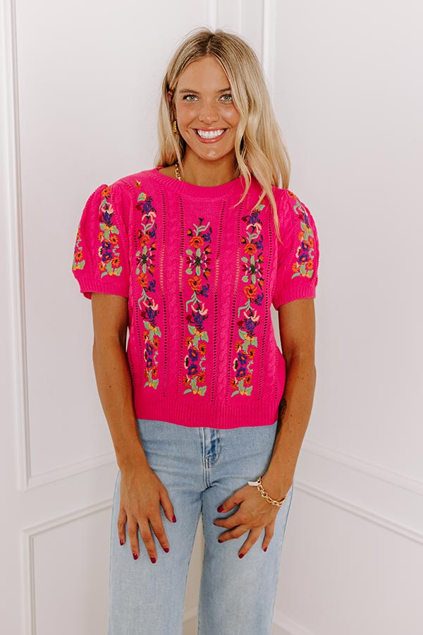 Wildflower Fields Embroidered Sweater Top in Pink Image - 4
