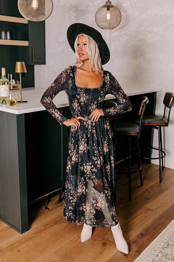 Falling In Love Mesh Floral Midi in Black Image - 1