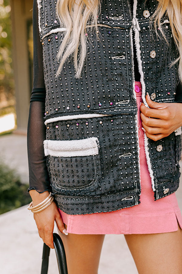 Denver Dreams Pearl Embellished Denim Vest in Black Image - 4