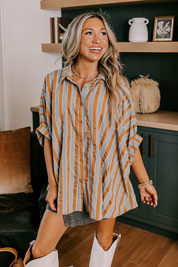 Pumpkin Spice Cutie Oversized Button Up in Autumn Sky Image - 2