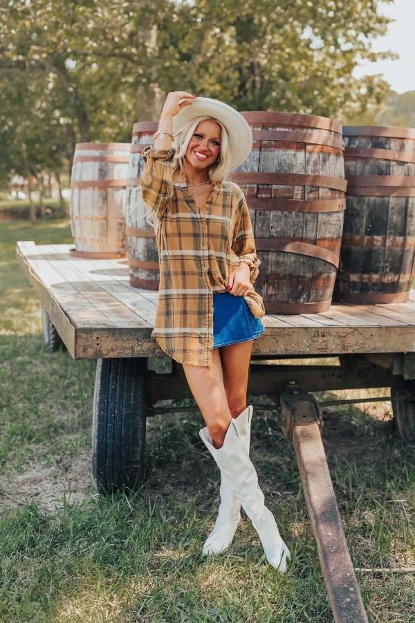 Hayride Happiness Vintage Wash Plaid Tunic in Camel Image - 1