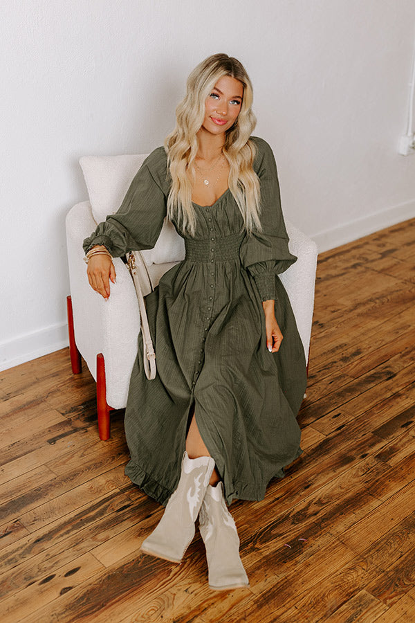 Sunset Views Button Down Midi in Olive Image - 1